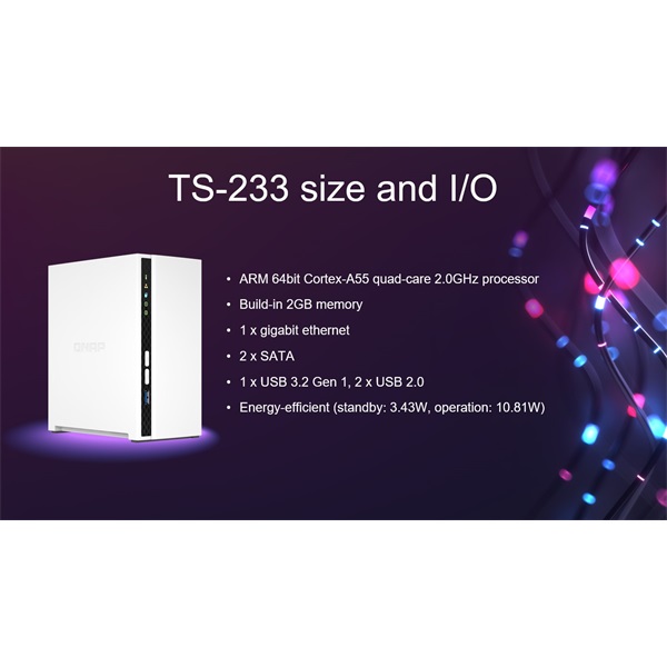 QNAP NAS 2 fiókos 4x2GHz, 2GB RAM, 1x1000Mbps, 2xUSB3.2, 2xUSB2.0, 1xUSB3.2 - TS-233 height=