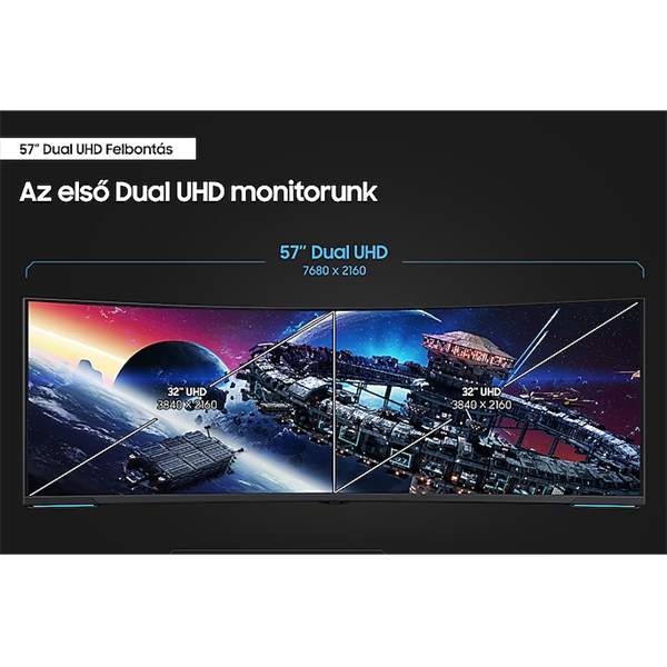 SAMSUNG Ívelt Gaming 240Hz VA monitor 57" G95NC, 7680x2160, 32:9, 420cd/m2, 1ms, 3xHDMI/DP/2xUSB