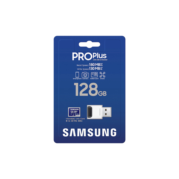 SAMSUNG Memóriakártya, PRO Plus + Reader microSDXC 128GB, CLASS 10, UHS-I, U3, V30, A2, R180/W130