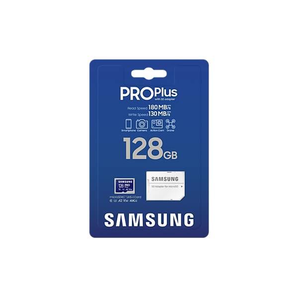 SAMSUNG Memóriakártya, PRO Plus microSDXC kártya 128GB, CLASS 10, UHS-I, U3, V30, A2, + Adapter, R180/W130