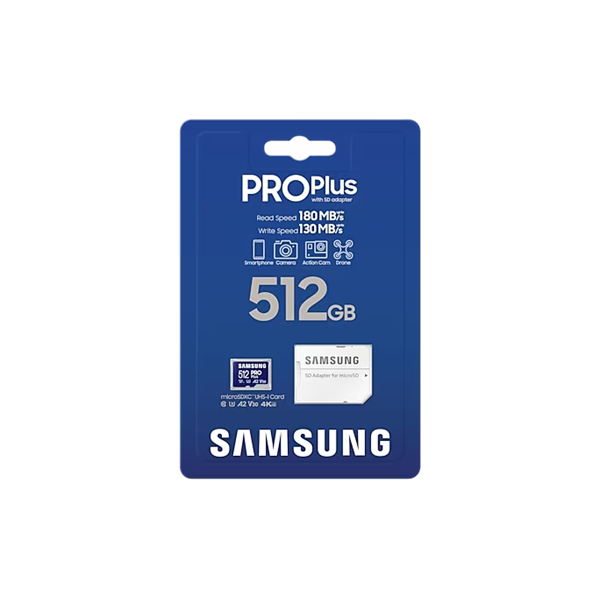 SAMSUNG Memóriakártya, PRO Plus microSDXC kártya 512GB, CLASS 10, UHS-I, U3, V30, A2, + Adapter, R180/W130