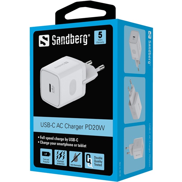 SANDBERG 230V-os töltő, USB-C AC Charger PD20W