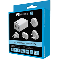 SANDBERG Hálózati töltő, 3 in 1 travel charger USB C/A 65W