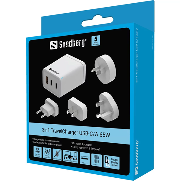 SANDBERG Hálózati töltő, 3 in 1 travel charger USB C/A 65W