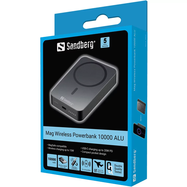 SANDBERG Hordozható akkumulátor, Mag Wireless Powerbank 10000 ALU