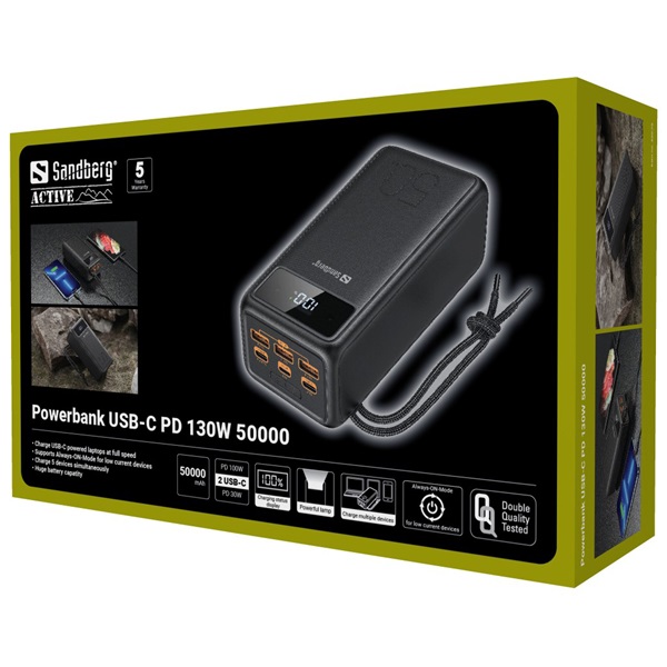 SANDBERG Hordozható akkumulátor, Powerbank USB-C PD 130W 50000
