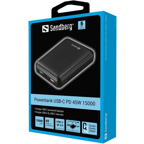 SANDBERG Hordozható akkumulátor Powerbank USB-C PD 45W 15000