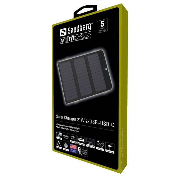 SANDBERG Hordozható akkumulátor, Solar Charger 21W 2xUSB+USB-C