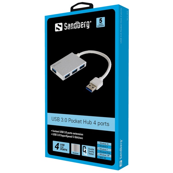 SANDBERG Hub és elosztó, USB 3.0 Pocket Hub 4 ports