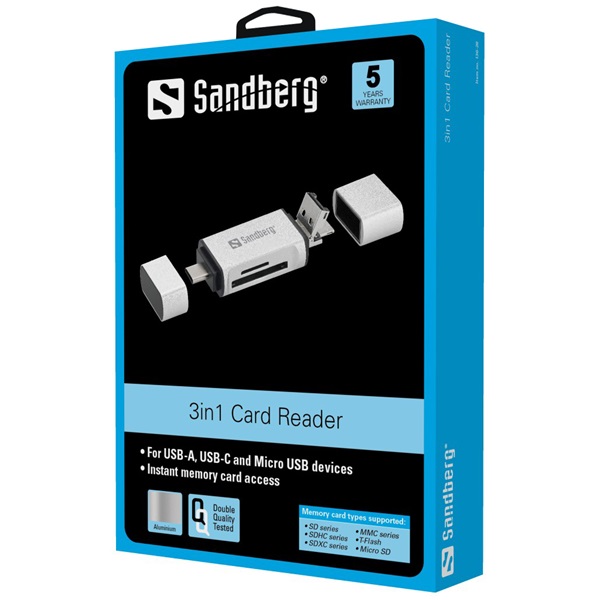 SANDBERG Kártyaolvasó, Card Reader USB-C+USB+MicroUSB