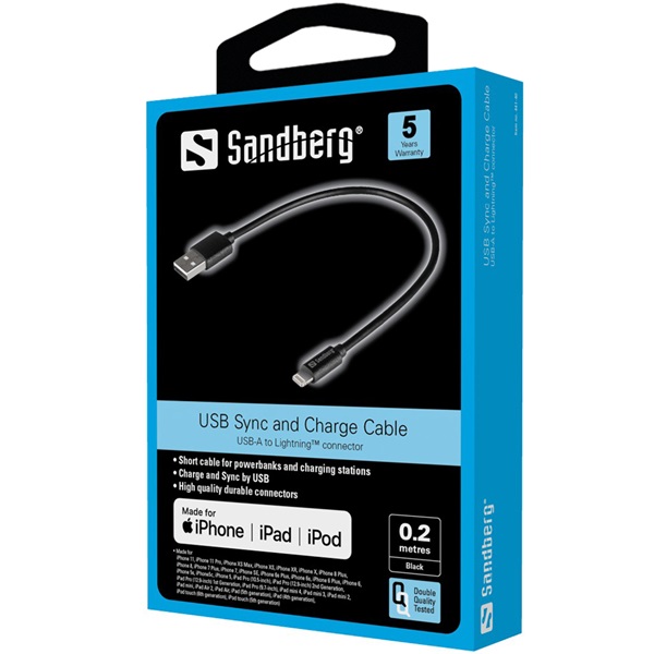 SANDBERG Töltőkábel, USB>Lightning MFI 0.2m Black