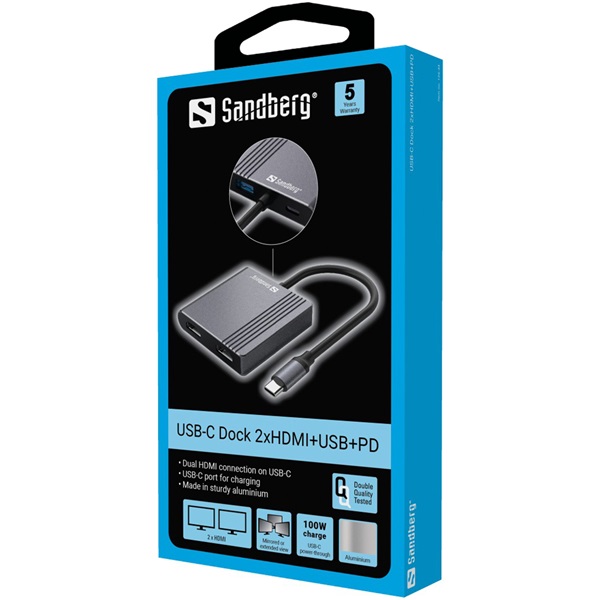 SANDBERG USB-C dokkoló, USB-C Dock 2xHDMI+USB+PD