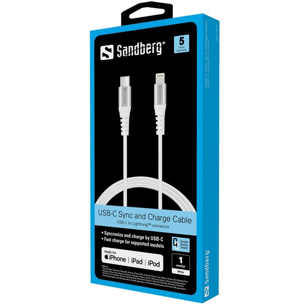 SANDBERG USB-C tartozék, USB-C PD to Lightning MFI 1M