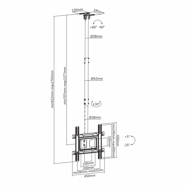 SBOX CPLB-9441 mennyezeti fali konzol, dönthető, forgatható, 32"-70", max 50 kg