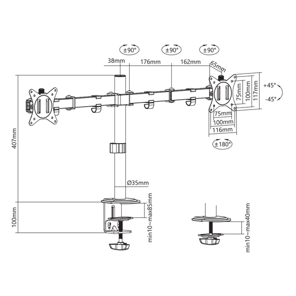 SBOX LCD-352/2-2, DESKTOP MOUNT (2 képernyős rögzítőkar), (17-32", max. 9 kg/monitor, max.VESA: 100x100 mm)