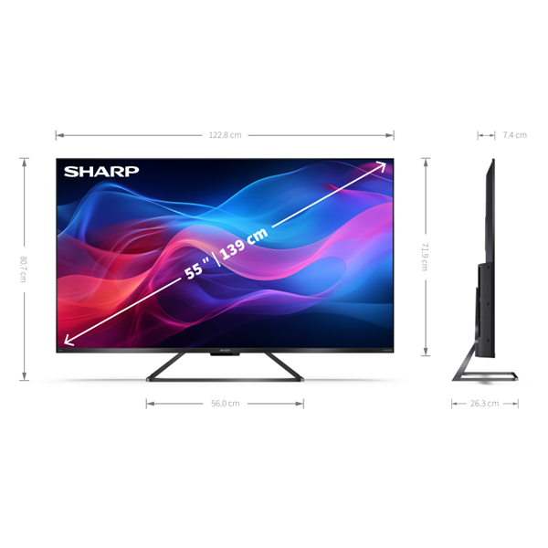SHARP 55GR8265E 55"/139cm 4K UHD QLED Google TV Harman/Kardon hangszórókkal, 144 Hz, 3840x2160, 4xHDMI/2xUSB