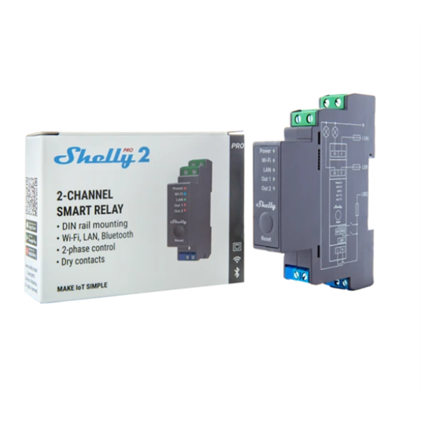 SHELLY Okosrelé, 16A, WiFi + Ethernet, 2 Áramkörös, DIN-sínre szerelhető - SHELLY PRO 2