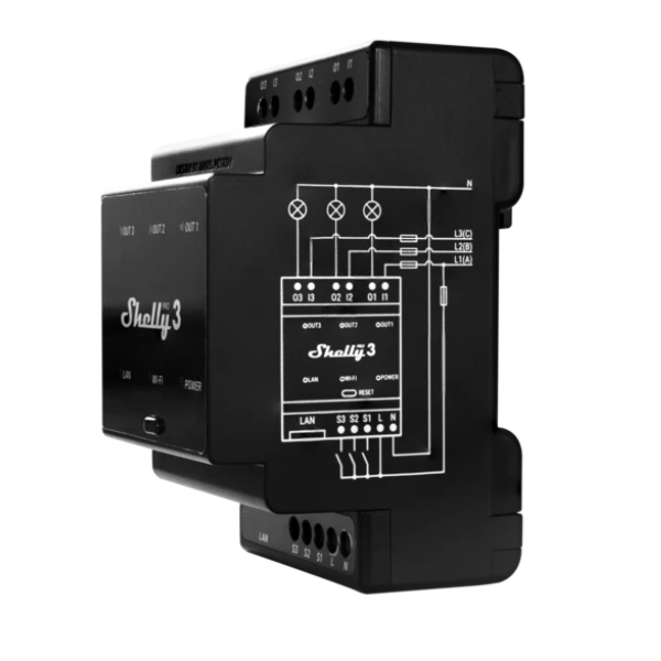 SHELLY Okosrelé, WiFi + Ethernet, 3 Áramkörös, DIN-sínre szerelhető - SHELLY PRO 3