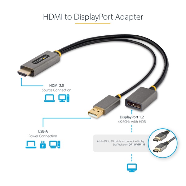 STARTECH Adapter HDMI 4K 60Hz 2.0 to Displayport 1.2, USB Bus Powered, 30cm kábel