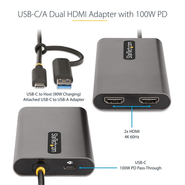 STARTECH Adapter USB-C to Dual HDMI vagy USB-C/A to 2xHDMI 4K 60Hz, 30cm kábel