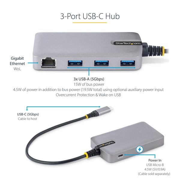STARTECH USB-C HUB 3xUSB, 1xLAN, 30cm kábel