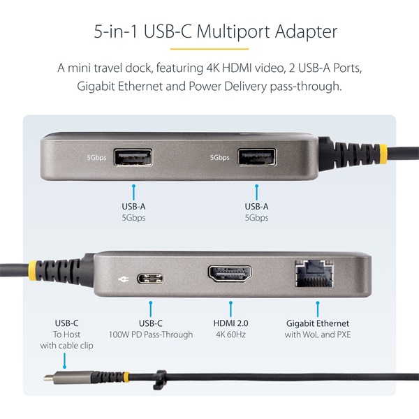 STARTECH USB-C Multiport Adapter, 1xHDMI, 1xLAN, 2xUSB 3.0, 1xType-C mini
