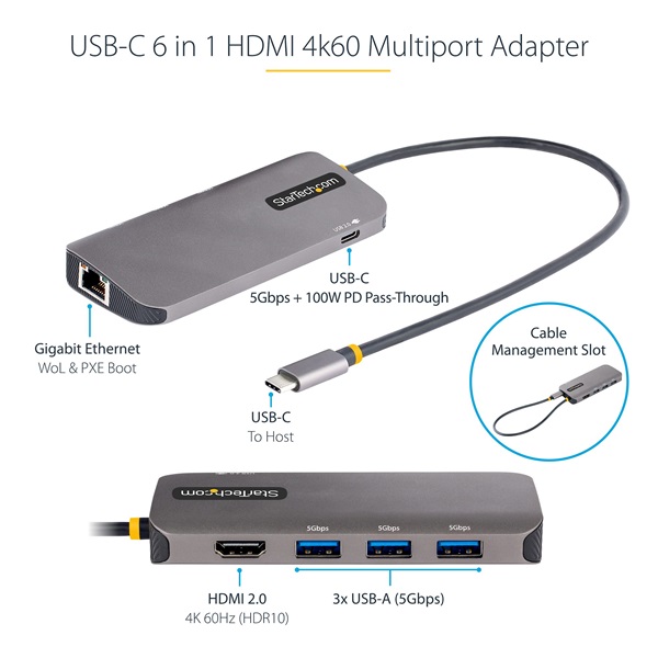 STARTECH USB-C Multiport Adapter 1xHDMI 4K 60Hz, 3xUSB 3.2, 1xLAN, 1xType-C, 30cm kábel