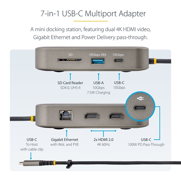 STARTECH USB-C Multiport Adapter, 2xHDMI, 1xLAN, 2xUSB-A/USB-C 10Gbps HUB, 100W PD, SD