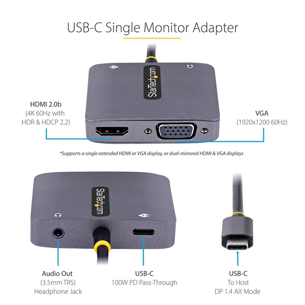 STARTECH USB-C Video Adapter, 1xVGA, 1xHDMI 4K 60Hz, 1xUSB-C 100W PD, 1x3.5mm Jack, 30cm kábel
