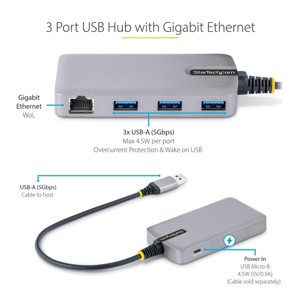 STARTECH USB HUB 3xUSB 3.2, 1xLAN, 30cm kábel