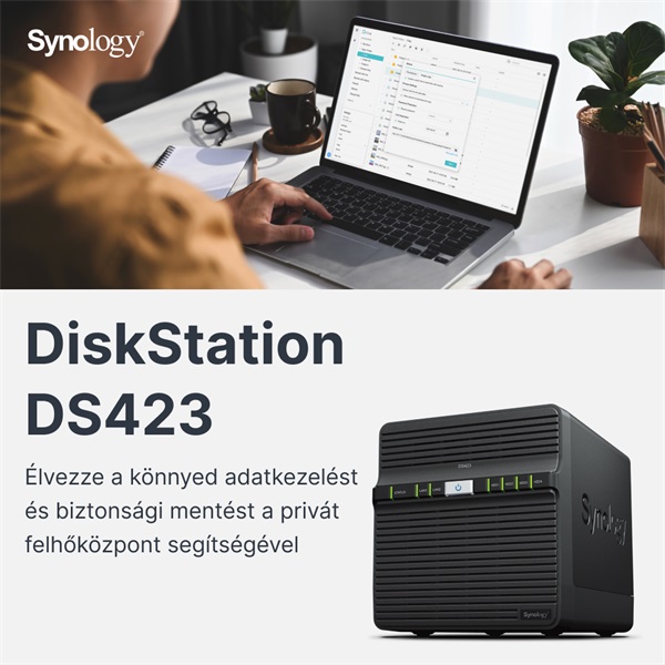 SYNOLOGY NAS 4 Fiókos Realtek RTD1619B 4x1,7GHz, 2GB DDR4, 2x1GbE, 2xUSB3.2 Gen1 - DS423
