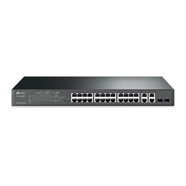 TP-LINK Switch 24x100Mbps (24xPOE) + 2x1000MBps + 2xGigabit SFP, Menedzselhető, T1500-28PCT(TL-SL2428P)