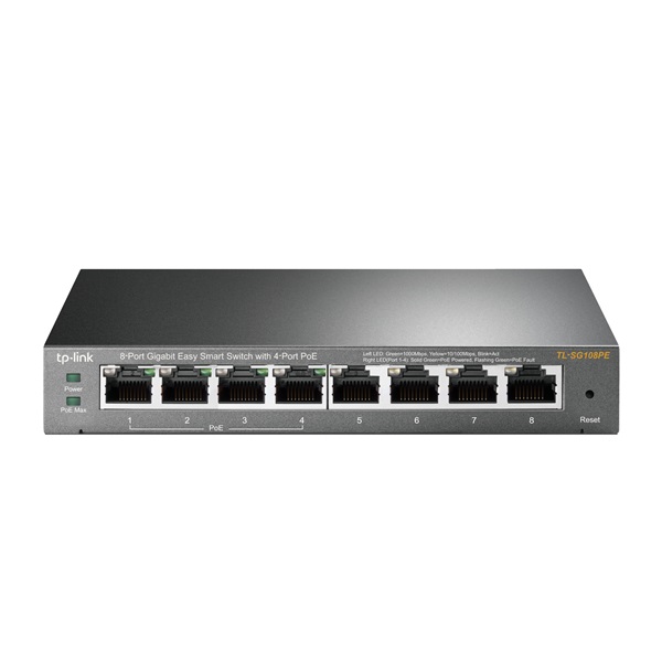 TP-LINK Switch 8x1000Mbps (4xPOE), Fémházas Asztali, Easy Smart, TL-SG108PE