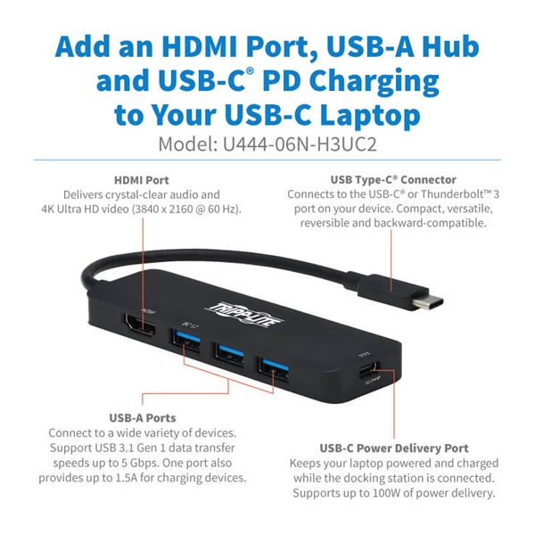 TRIPP LITE USB-C adapter, multiport, 4K 60Hz HDMI, 3xUSB-A Port, 100W PD Charging, HDR, HDCP2.2, fekete