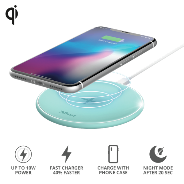 TRUST Gyors vezeték nélküli töltő 23865 (Qylo Fast Wireless Charging Pad 7.5/10W - turquoise)