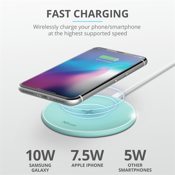 TRUST Gyors vezeték nélküli töltő 23865 (Qylo Fast Wireless Charging Pad 7.5/10W - turquoise)