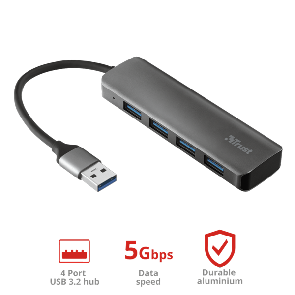 TRUST 4 portos USB 3.2 Gen1 hub 23327 (Halyx Aluminium 4-Port USB 3.2 Hub)