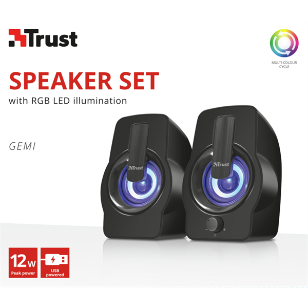 TRUST RGB LED-megvilágítású 2.0 hangszórókészlet 22948 (Gemi RGB 2.0 Speaker Set - black)
