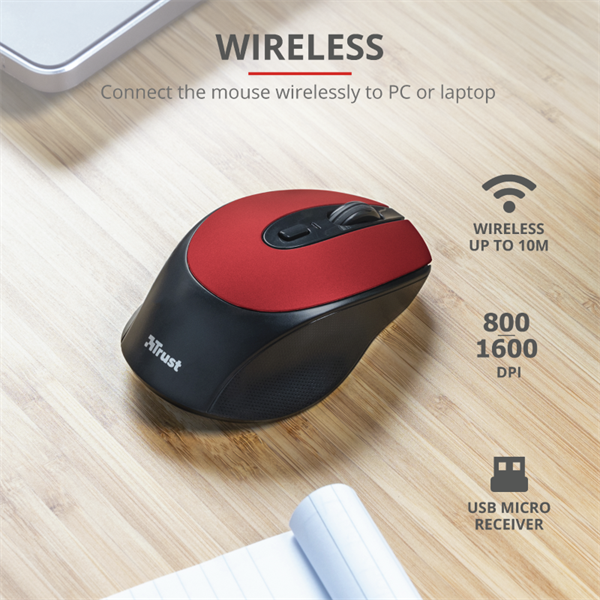 TRUST Vezeték nélküli tölthető egér 24019 (Zaya Rechargeable Wireless Mouse - red)