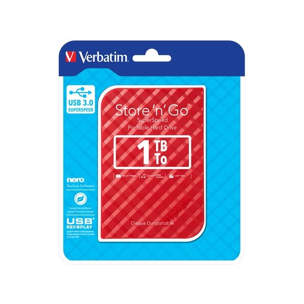 VERBATIM 2,5" külső HDD, 1TB,  USB 3.0, "Store n Go, piros