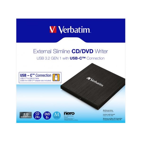 VERBATIM CD/DVD író, vékony, fém ház, USB 3.2 - USB-C,
