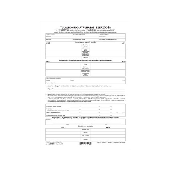 VICTORIA Nyomtatvány, tulajdonjog átruházási szerződés (adásvét.szer. gk), 4 példány,  A4,VICTORIA "A.REND 3"