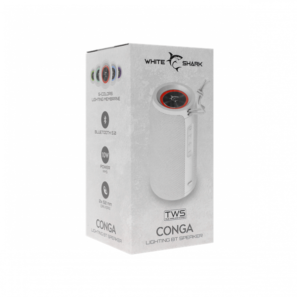 White Shark CONGA Bluetooth Hangszóró, 10 W, BT 5.0, Fehér