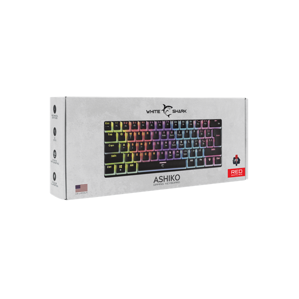 WHITE SHARK GK-2202B/R-US ASHIKO angol 60%-os fekete mechanikus (piros switch) gamer billentyűzet