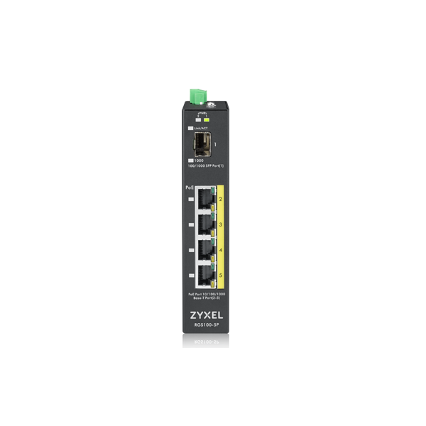 ZYXEL Switch - RGS100-12P, 5  Port unmanaged PoE, 120 Watt PoE, DIN Rail, IP30, 12-58V DC