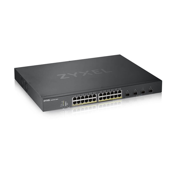 ZYXEL Switch 24x Gigabit POE + 4x 10G SFP+ hybird mode, standalone or NebulaFlex Cloudt Menedzselhető (375W POE)