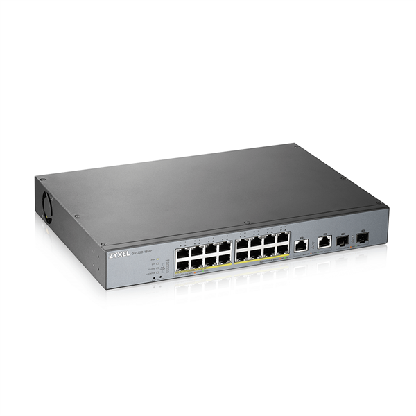 ZYXEL Switch 16x1000Mbps (16xPOE) + 2xGigabit kombó SFP Menedzselhető Rackes, GS1350-18HP-EU0101F