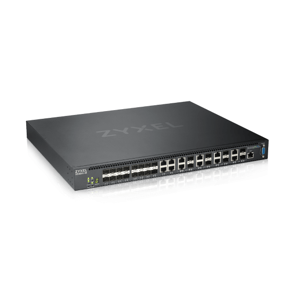 ZYXEL Switch (28 port) 4xLAN(10Gbps) + 8xGigabit kombó SFP+ 16xGigabit SFP+ Fémházas Menedzselhető (28x10GbE port), XS38