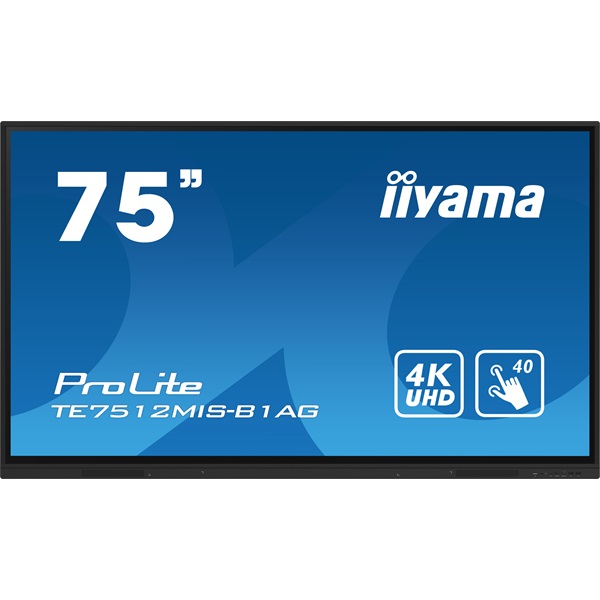 iiyama 24/7 interaktív kijelző, 75", 3840x2160, 16:9, 400cd, 8ms, 1200:1,VGA/HDMI/USB-C/LAN/RS232, TE7512MIS