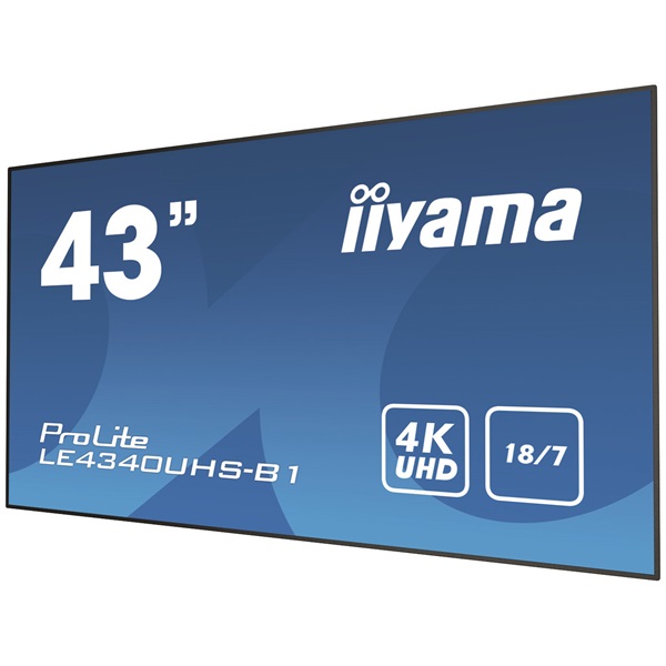iiyama Prolite 18/7 AMVA LFD, 42.5" LE4340UHS-B1, 3840x2160, 16:9, 350cd/m2, 8ms, DVI/VGA/HDMI/USB/Ethernet, fekete